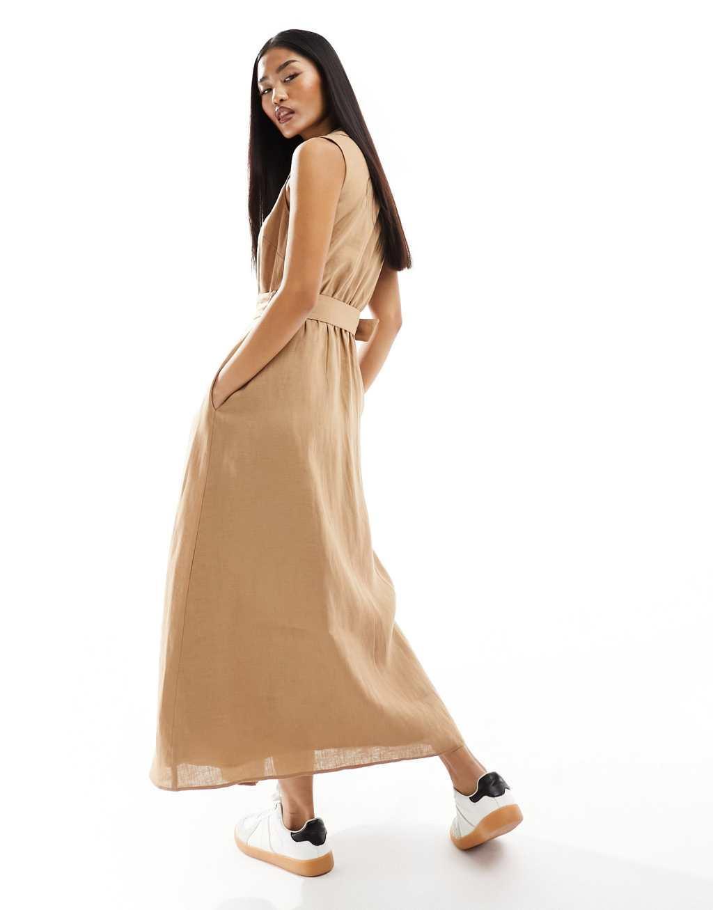 Ever New sleeveless belted linen shirt dress in brown Product Image