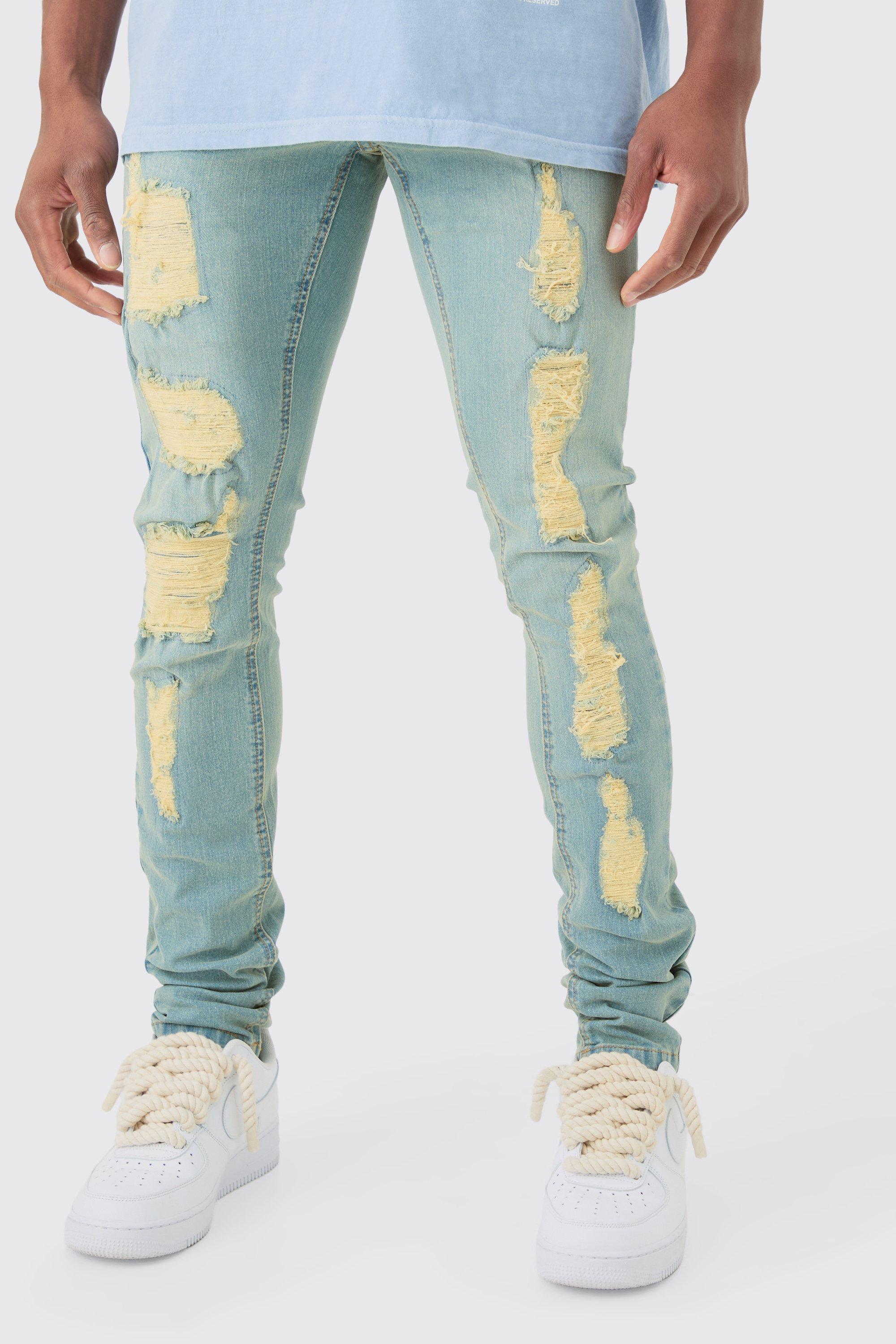 Skinny Stacked Distressed Ripped Jeans In Antique Blue | boohooMAN USA Product Image