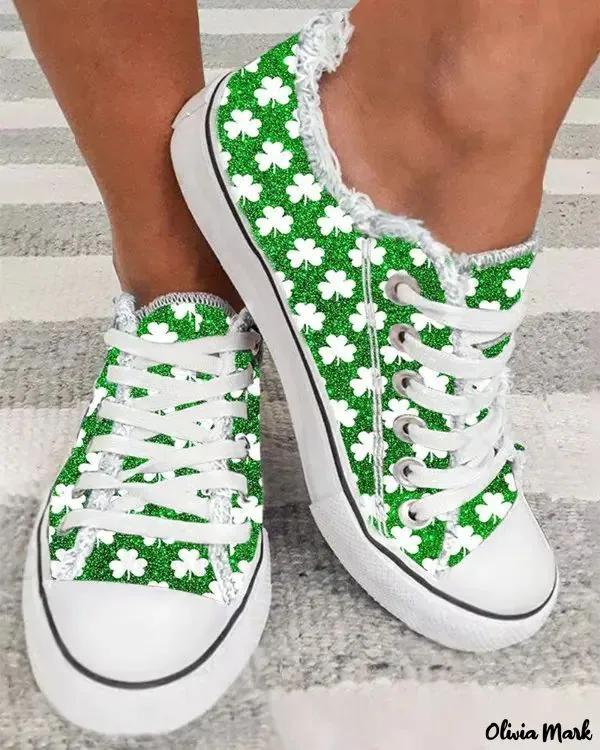 Olivia Mark – St. Patricks Day Clover Print Canvas Sneakers with Fringe Hem Product Image