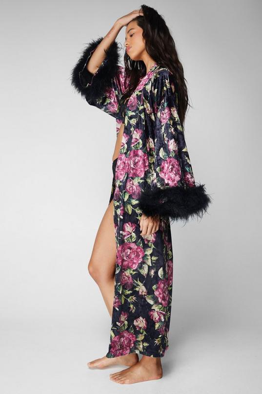 Premium Floral Velvet Feather Trim Maxi Robe Product Image