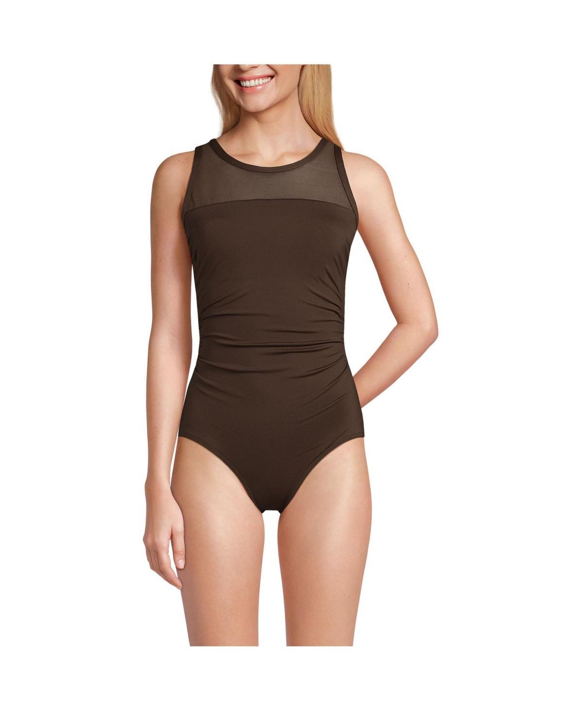 Womens Lands End Mesh High Neck Back Cutout Tummy Slimming One-Piece Swimsuit Product Image