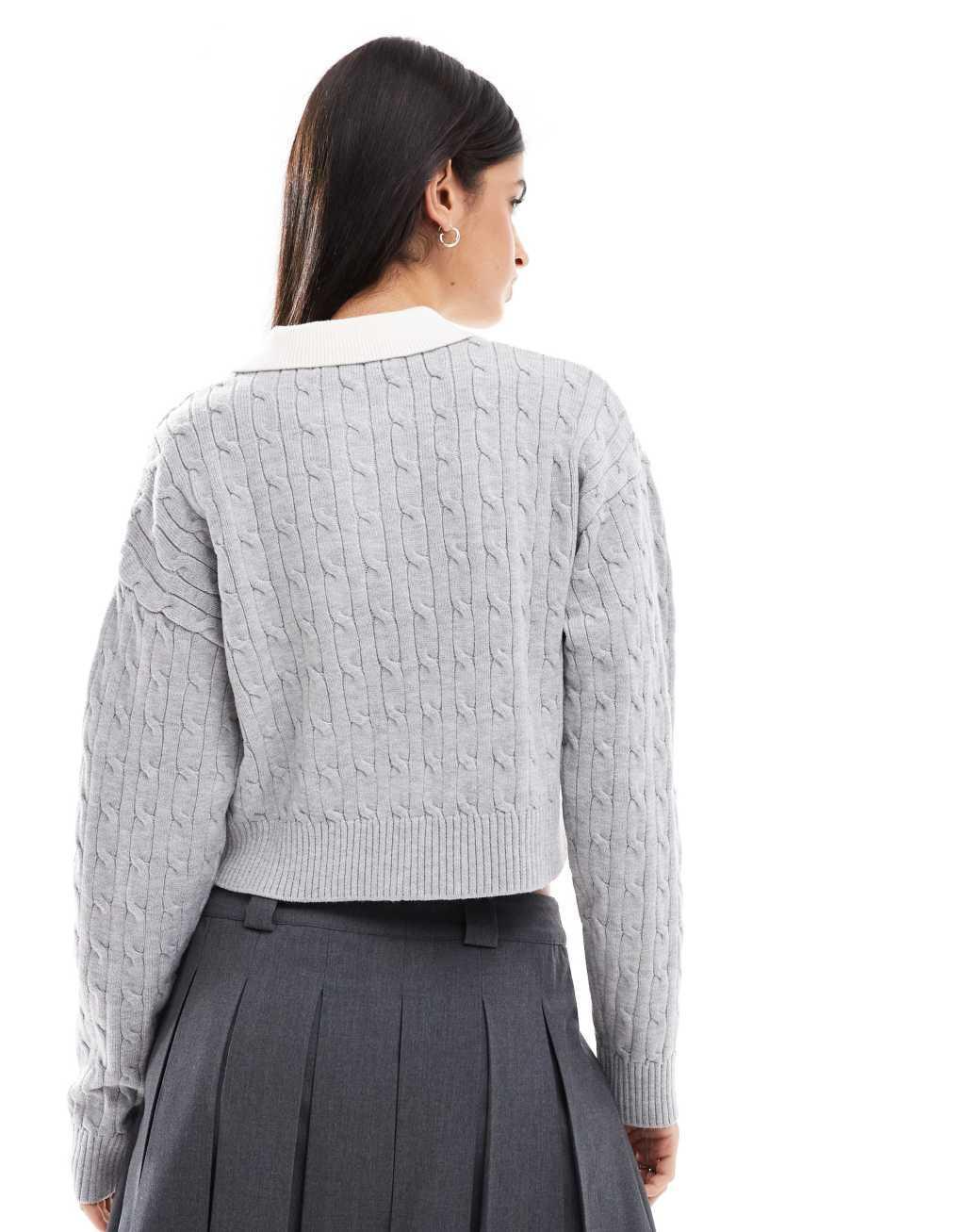 Bershka cable knit contrast collar sweater in gray & ecru Product Image