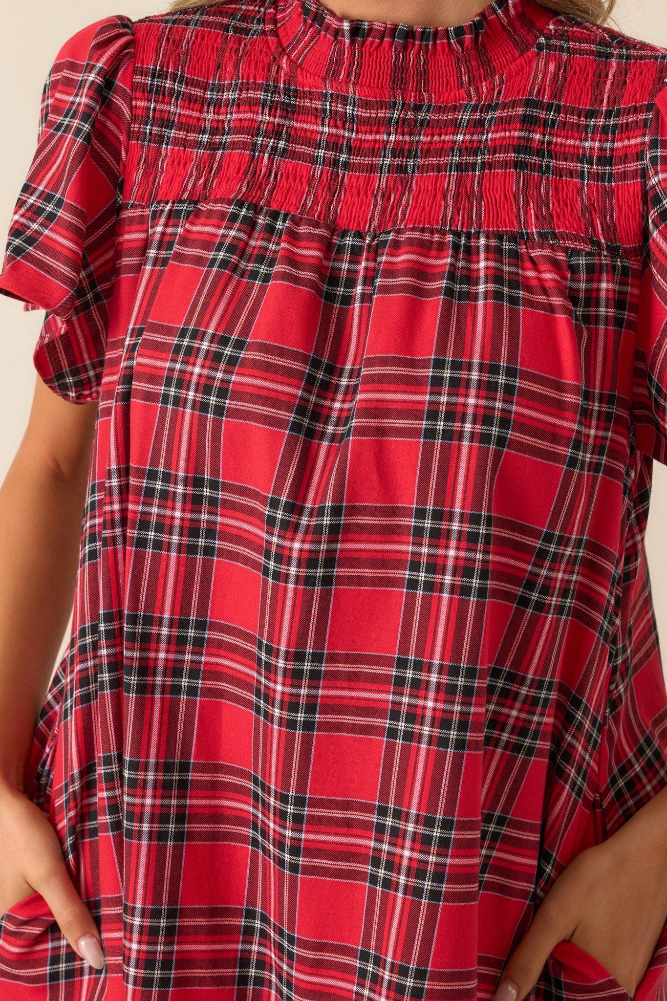 Candlelight Chats 100% Cotton Red Plaid Mock Neck Mini Dress Product Image