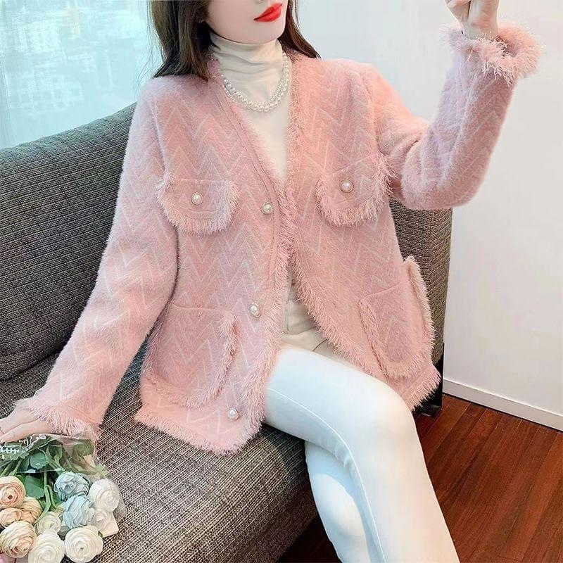 V-Neck Zig Zag Fringe Faux Pearl Button Cardigan Product Image