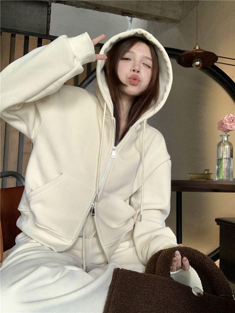 Plain Zip-Up Hoodie / Drawstring Waist Wide Leg Sweatpants Product Image