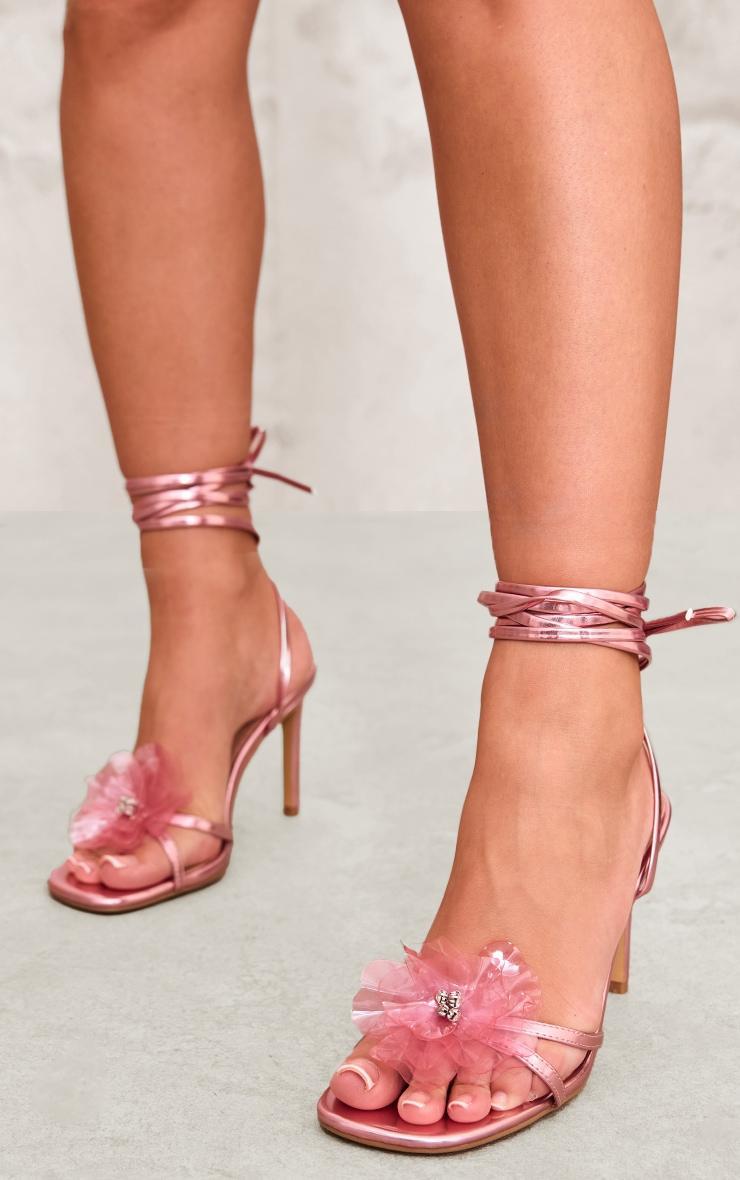 Pink Metallic Pu Flower Lace Up Heeled Sandals product image