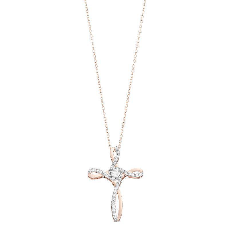 Diamond Brilliance Sterling Silver 1/4 Carat T.W. Diamond Cross Pendant Necklace, Womens Pink Tone Product Image