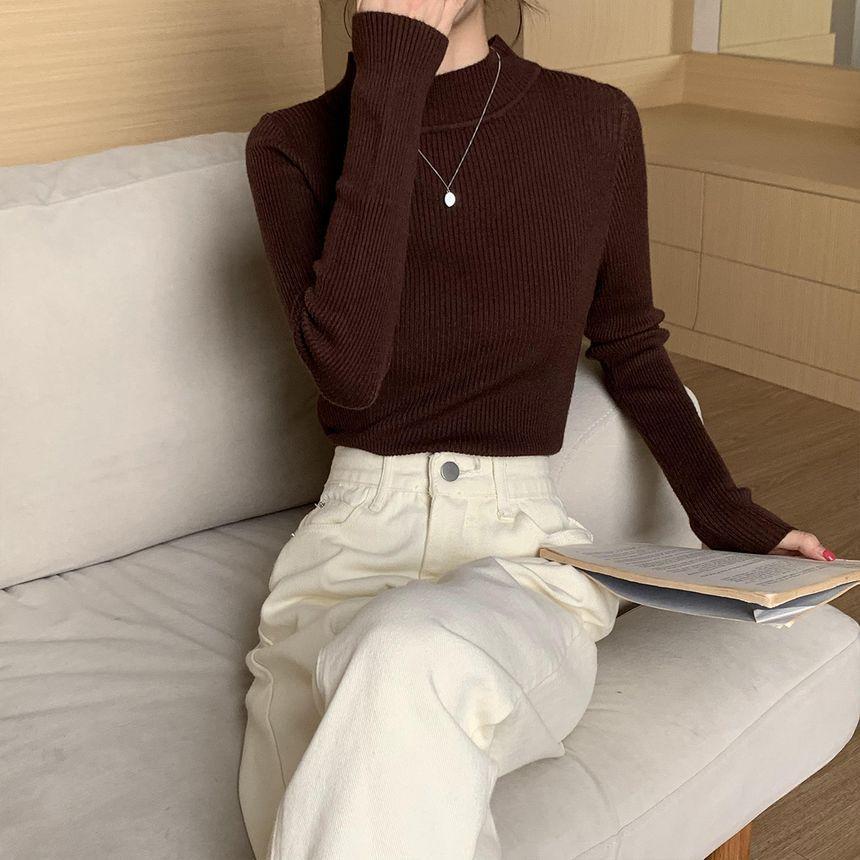 Mock Neck Plain Ribbed Sweater Product Image