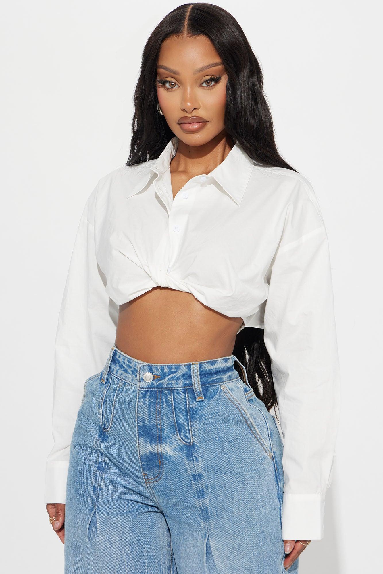 Brandi Cropped Poplin Blouse Top - White Product Image