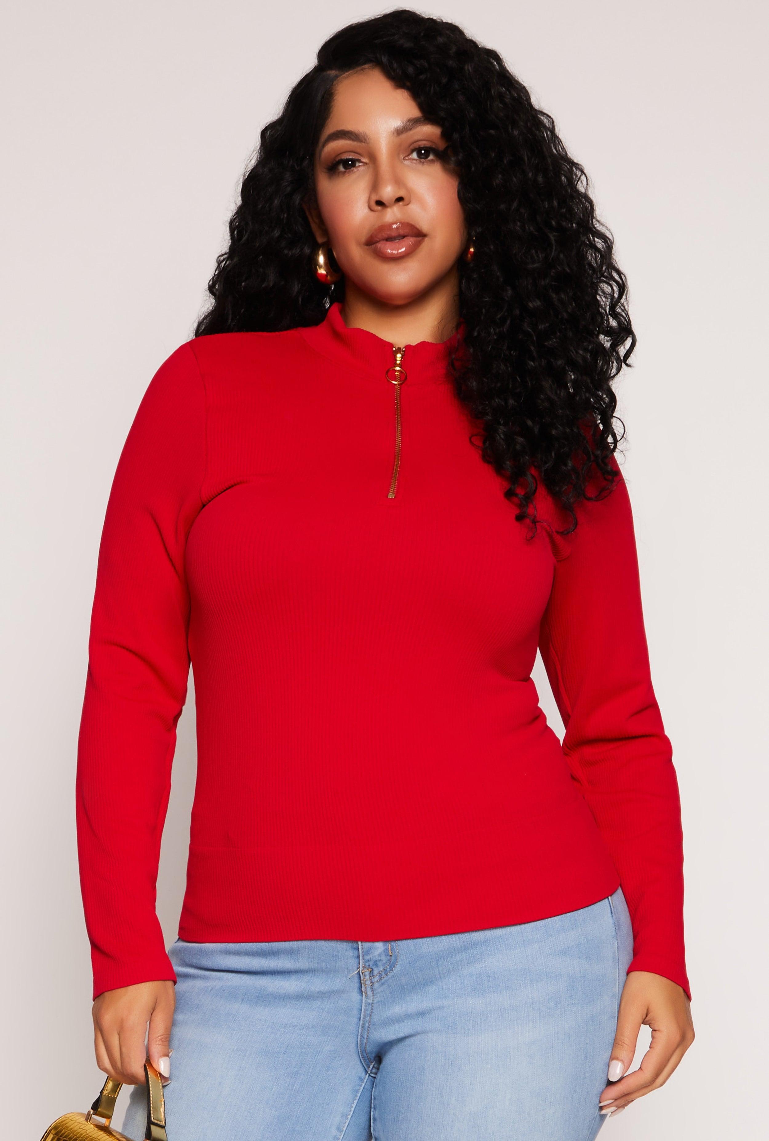 Womens Plus Size Seamless Ribbed Zip Neck Long Sleeve Top Product Image