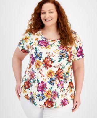 JM Collection Plus Size Garden Statement Scoop-Neck Top, Created for Macy's Product Image