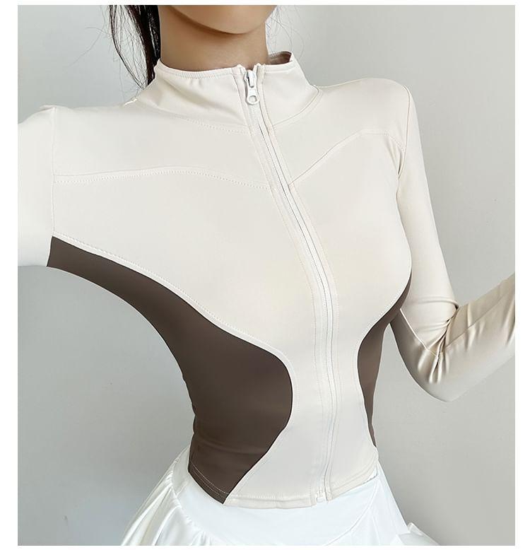 Stand Collar Two Tone Cropped Sport Zip Jacket Product Image