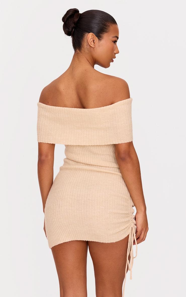 Deep Taupe Rib Knit Bardot Fold Over Tie Side Mini Dress Product Image