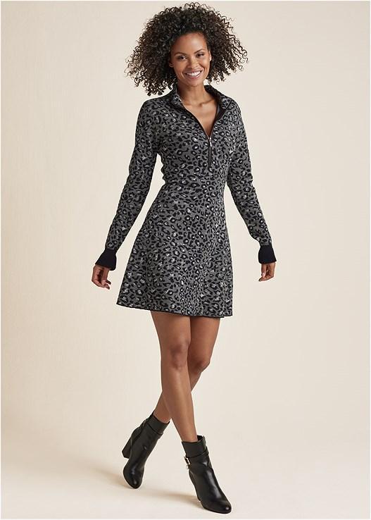 Zip-Front Leopard Sweater Dress Product Image