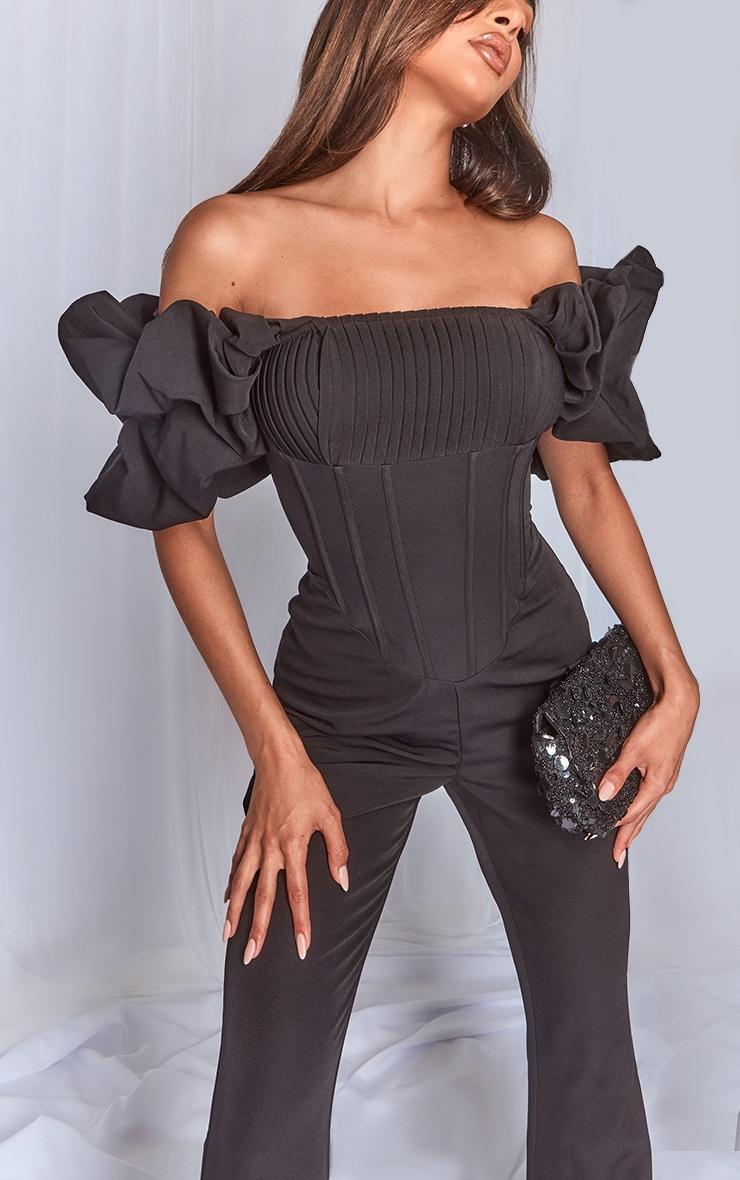 Black Woven Pleated Corset Detail Bardot Frill Jumpsuit. Product Image