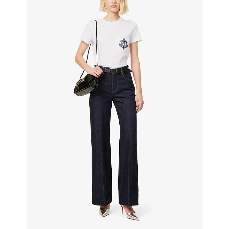 MAX MARA Womens White Blue Acacia Brand-embellishment Cotton-jersey T-shirt Product Image