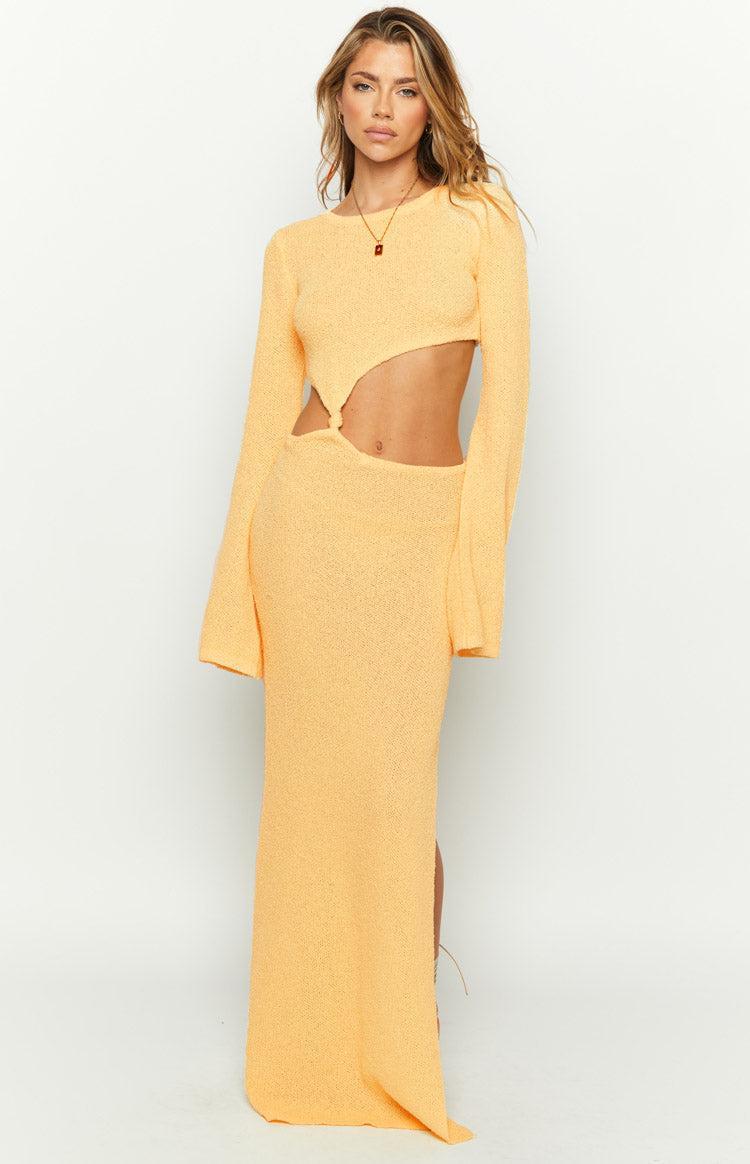 Arya Yellow Long Sleeve Knit Maxi Dress Product Image