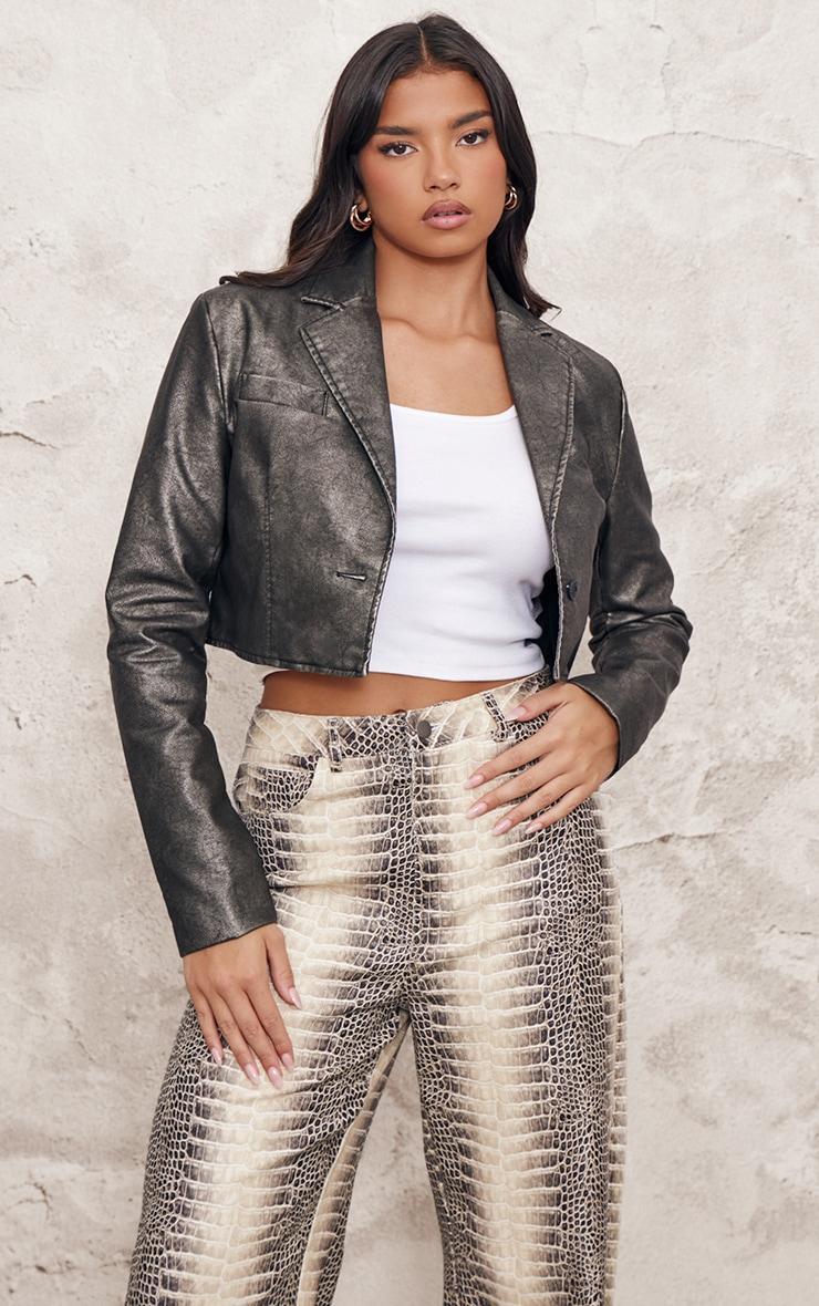 Grey Distressed Faux Leather Crop Jacket Product Image