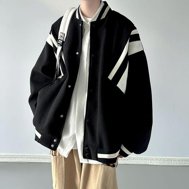 Two Tone Color Block Button-Up Baseball Jacket Product Image