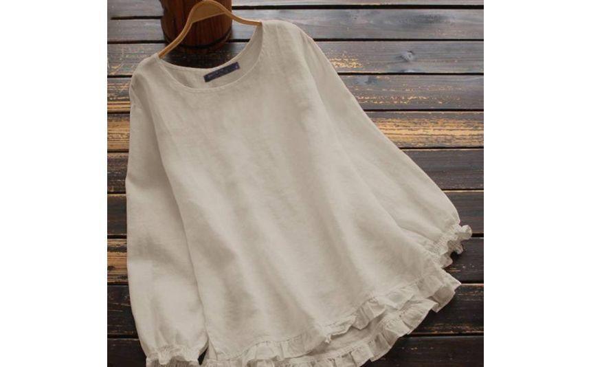 Long Sleeve Crew Neck Ruffle Trim Blouse Product Image