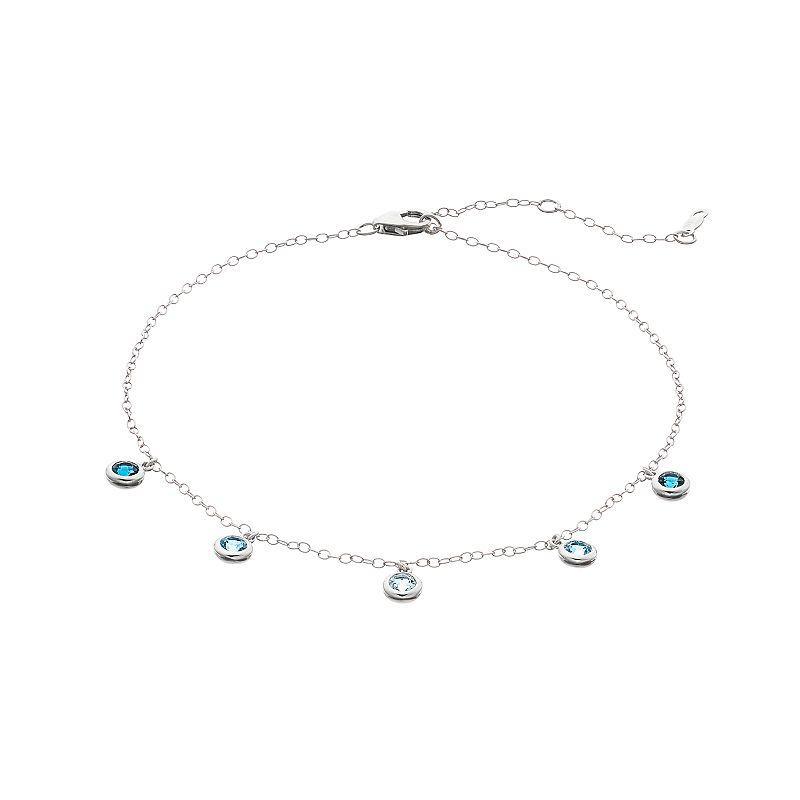 Sterling Silver Blue Topaz Station Anklet, Womens Product Image