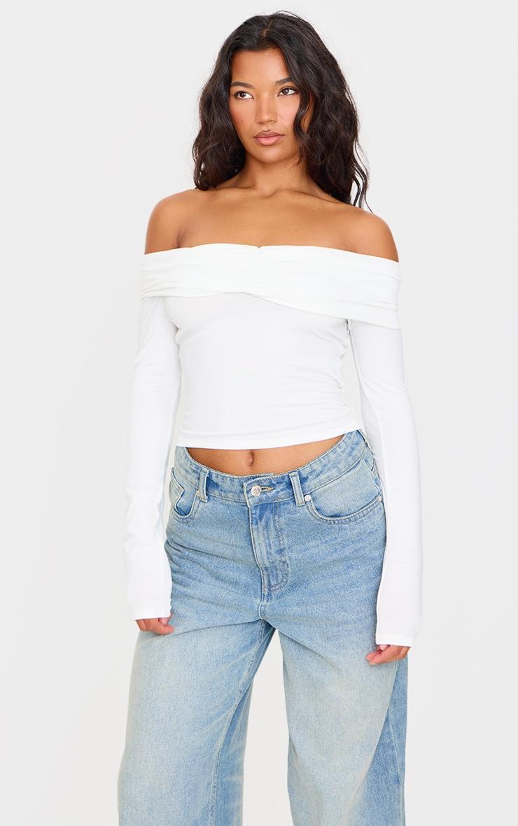 Cream Contour Jersey Ruched Foldover Bardot Crop Top Product Image