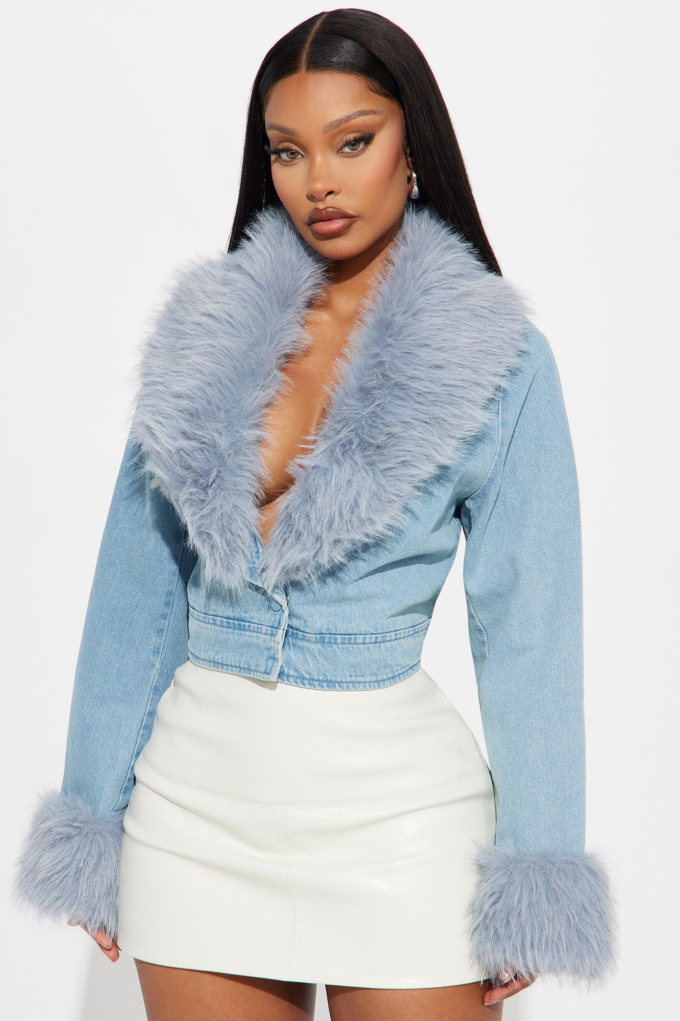 All For You Faux Fur Cropped Jacket - Light Wash product image