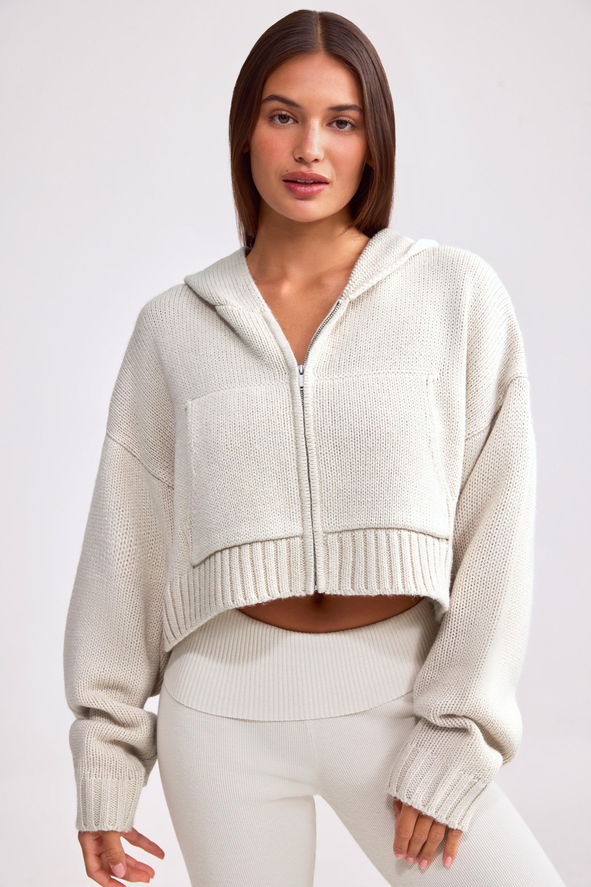 Cropped Zip-Up Chunky Knit Hoodie in Cream Product Image