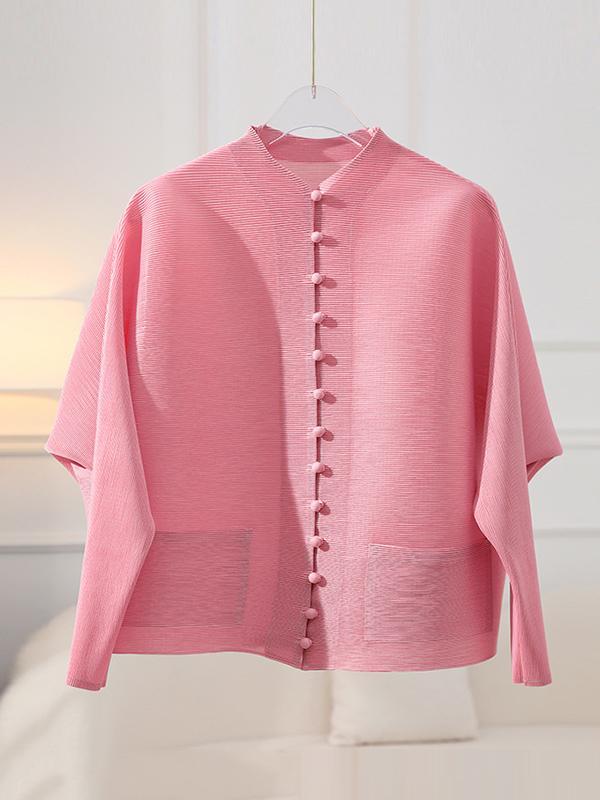 Long Sleeves Loose Buttoned Pleated Pockets Solid Color Round-Neck Outerwear Product Image