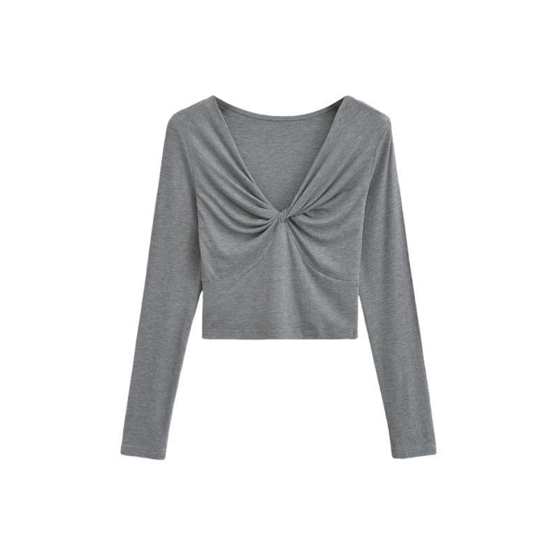 Long-Sleeve V-Neck Plain Twisted Slim Fit Crop Tee Product Image