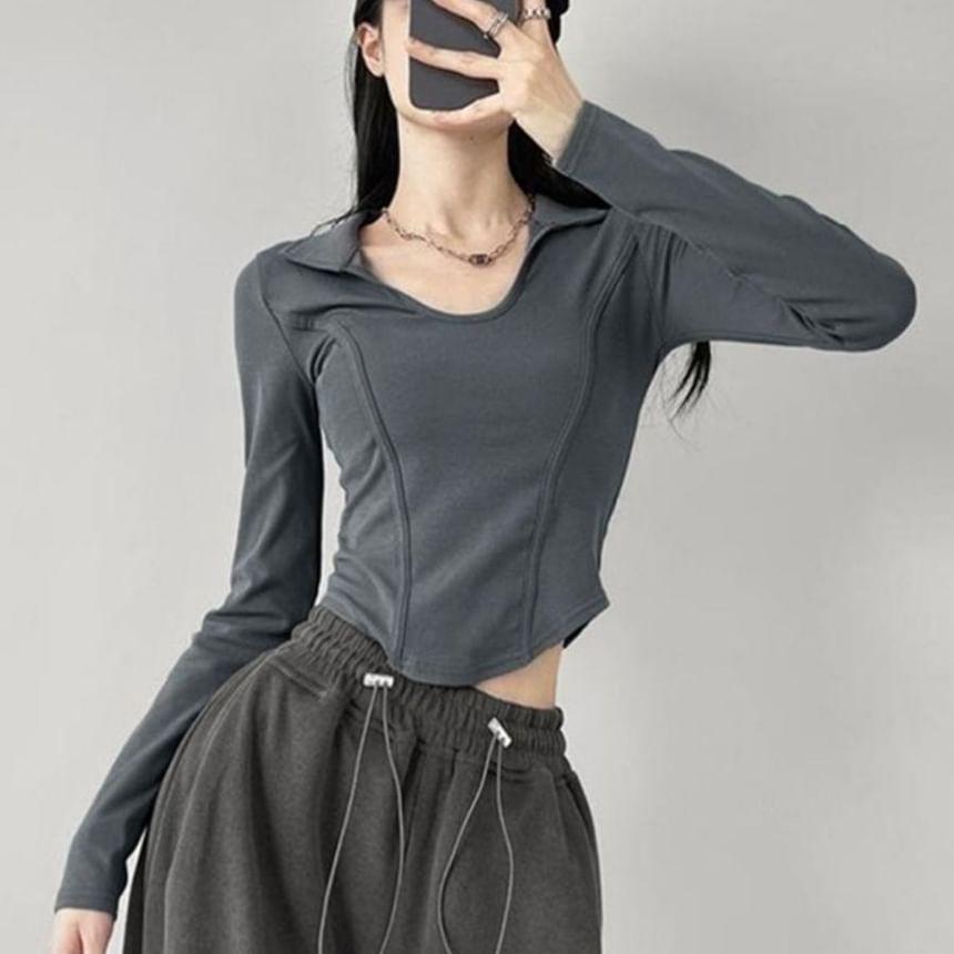 Long-Sleeve Collared Plain Crop Top Product Image