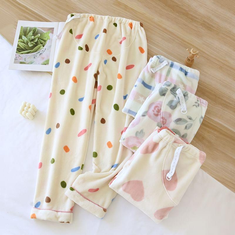 Maternity Elastic Waist Patterned Fleece Pajama Pants Product Image