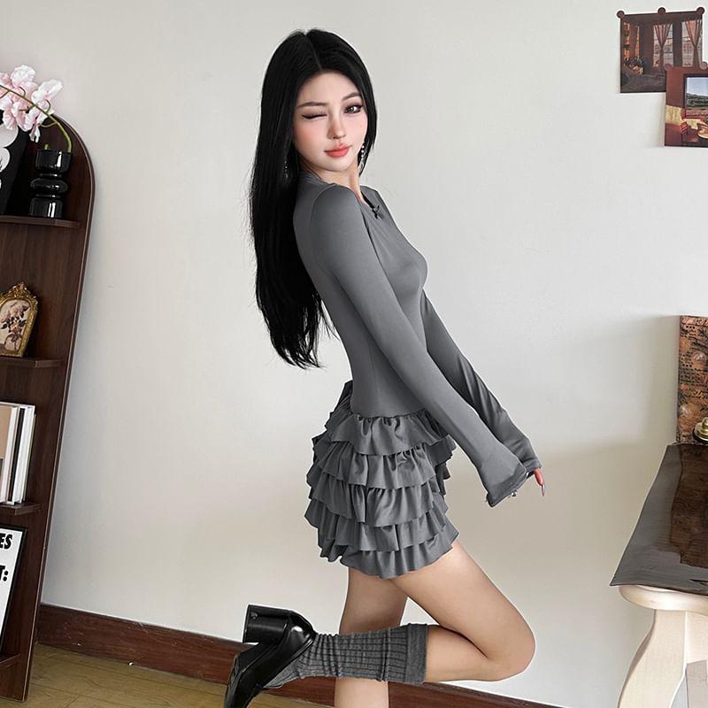 Long-Sleeve Crew Neck Plain Ruffle Bow Mini A-Line Dress Product Image