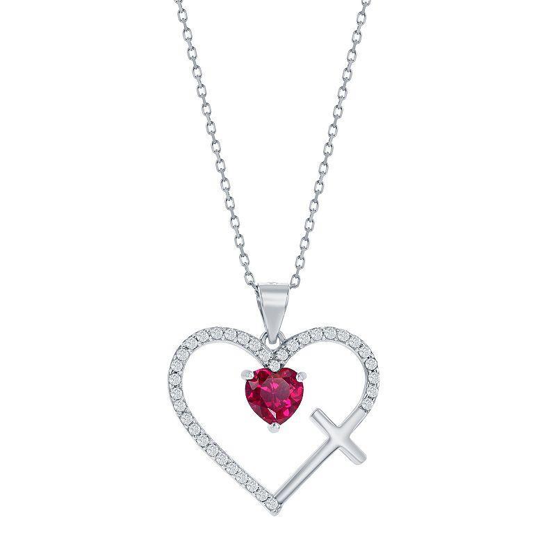 Argento Bella Sterling Silver White & Red Cubic Zirconia Cross & Heart Pendant Necklace, Womens Product Image