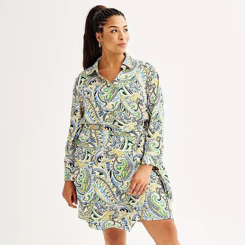 Plus Size INTEMPO Faux-Wrap Shirt Dress, Womens Blue Product Image