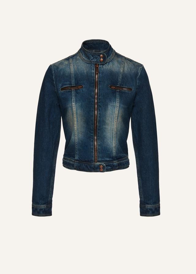 Zip up fitted denim jacket in vintage blue Product Image