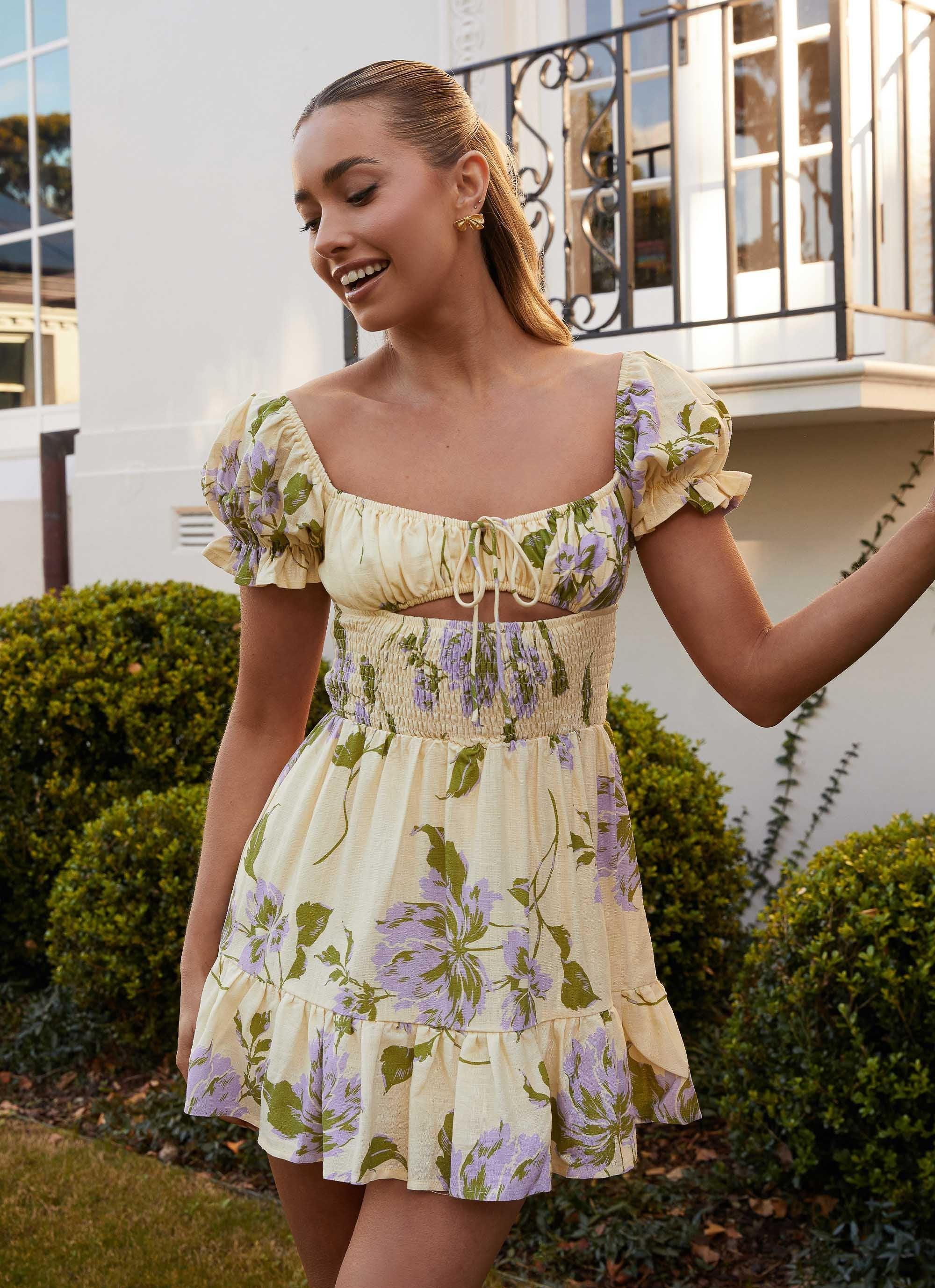 Every Reason Linen Mini Dress - Yellow Purple Floral Product Image