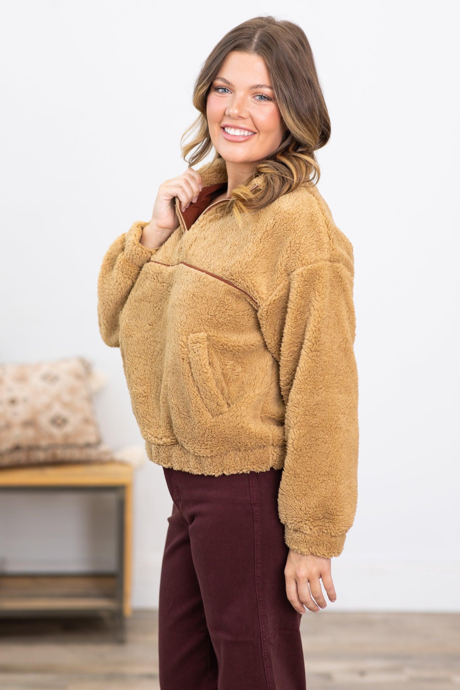 Tan Sherpa 1/4 Zip Pullover With Pockets Product Image