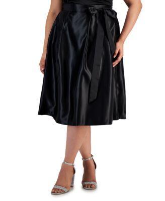 Plus Size Belted Satin A-Line Midi Skirt Product Image