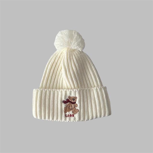 Bear Embroidered Pom Pom Beanie Product Image