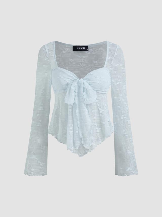 Lace Square Neck Knotted Long Sleeve Top Product Image