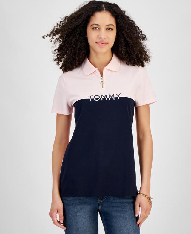 Tommy Hilfiger Womens Colorblock Logo Zip-Front Polo Shirt Product Image