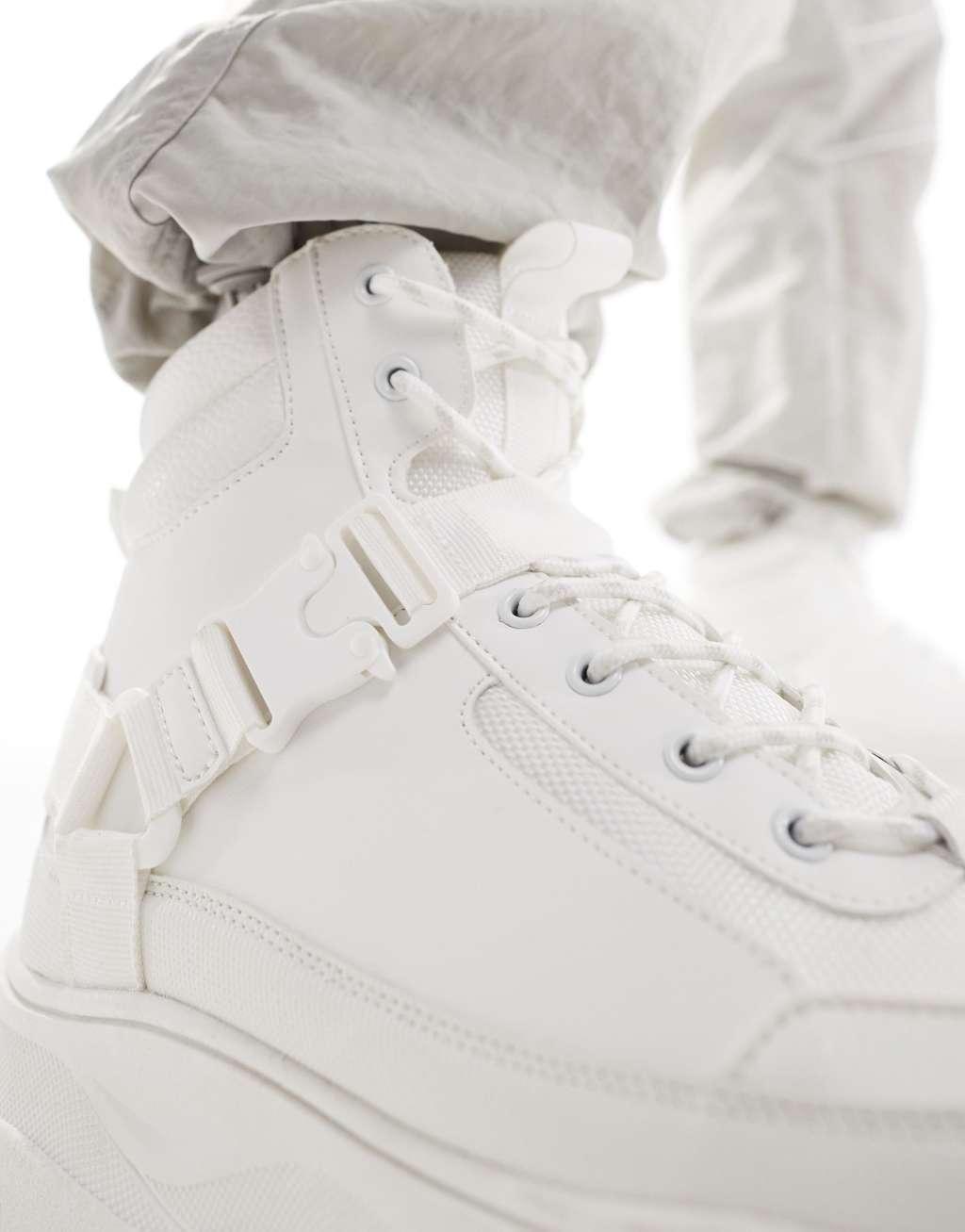 ASOS DESIGN lace up worker boots in white with chunky sole and straps Product Image