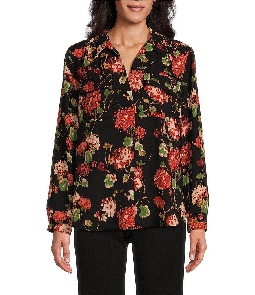 Investments Floral Print Woven Long Sleeve V-Neck One Button Closure Blouse Product Image