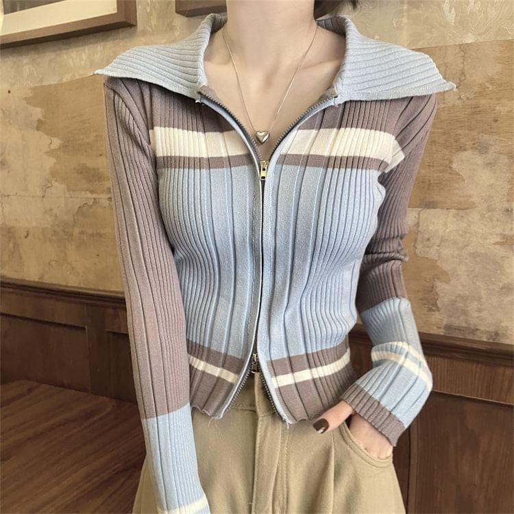 Striped Ribbed Zip Cardigan Product Image