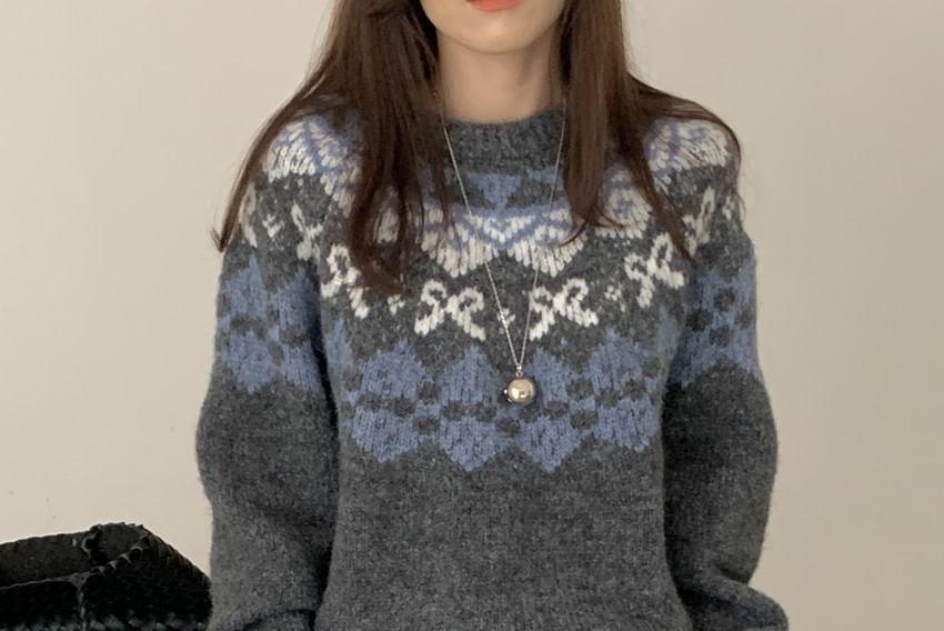 Round Neck Patterned Oversized Sweater Product Image