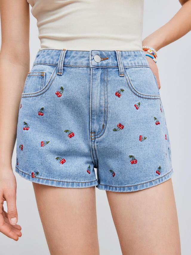 Cider Denim Mid Rise Cherry Embroidery Straight Leg Micro Shorts Product Image