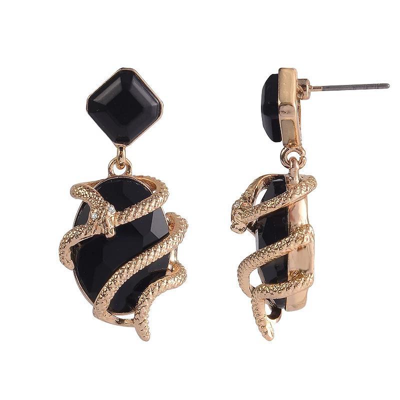 Emberly Gold Tone Black Stone Textured Snake Wrapped Drop Earrings, Womens Product Image