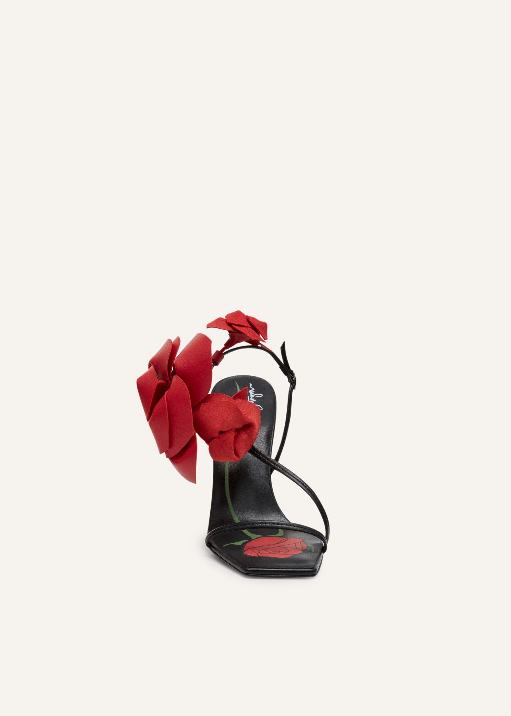 Rose appliqué leather sandals in black and red Product Image