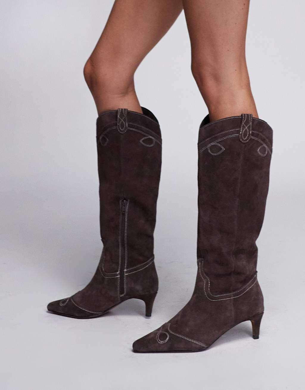 River Island knee high heeled suede western boot in brown Product Image